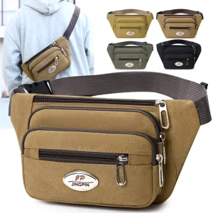New Iron Logo Multi layer Canvas Buckle Bag Men’s Waist Tool Phone Bag Portable Waterproof Fanny Pack