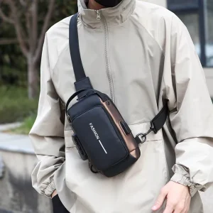 New Men’s Anti-theft Waterproof PU Material Sling Shoulder Bag with Password Lock USB Port Outdoor Sports Shoulder Bag