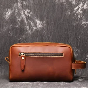 New Men’s Genuine Leather Vintage Fashionable Large Capacity Casual Multi Pocket Zipper Closure Polyester Lined Trendy Handbag