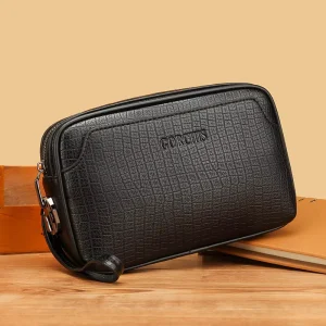New Men’s Large Capacity Casual Soft Pu Leather Bag Password Lock Anti Theft Trendy Stone Pattern Clutch
