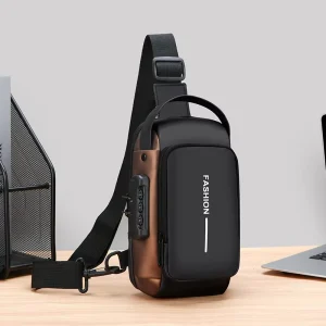 New Men’s Leather Anti theft Password Lock Chest Crossbody Bag Outdoor Sports Waterproof Breathable Chest Bag