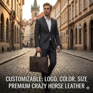 New Men’s Leather Briefcase Crazy Horse Leather Tote Leather Shoulder Messenger Bag Business Bag 14″ Laptop Bag