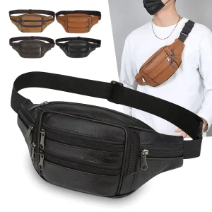 New Men’s Soft PU Leather Waist Bag Business Multi pocket Chest Bag Outdoor Cycling Phone Bag Daily Crossbody Bag
