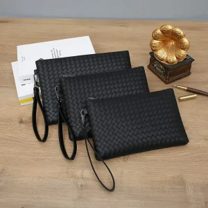 New Men’s Woven PU Clutch Bag Large Capacity Soft Handbag Envelope Bag Trendy Business Zipper Closure Live Streaming Source