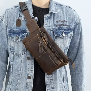 New Retro Men’s Genuine Leather Chest Bag Crossbody Outdoor Sports Multi Functional Ventilated Bags for Men