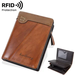 New Retro Men’s RFID PU Leather Zipper Wallet Multi Slot Short Purse with Polyester Lining Credit Card Holder with Button