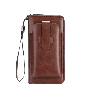 New Retro Multifunctional Large Capacity Zipper PU Phone Bag Durable Men Wallet With Detachable Coin Purse