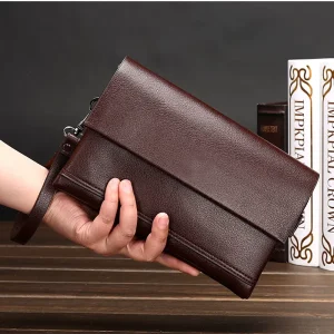 New Style Men’s Anti-Theft Short Zipper Closure PU Leather Handbag with Letter Pattern Polyester Lining England Style