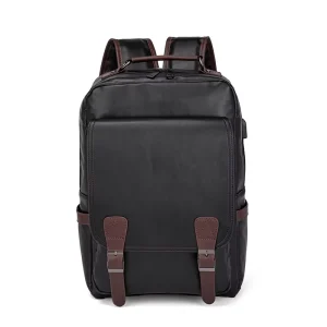 New Style PU Leather Large Capacity Men’s Backpack Vintage USB Business Travel Bag with Zipper Closure
