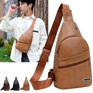 New Trendy Leisure PU Leather Waterproof Custom Logo Outdoor Headphone Sports Hole Sling Chest Bag