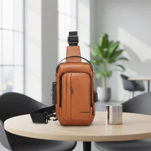 New Waterproof Men’s Chest Bag with USB Charging Port PU Leather Sling Bag Anti Theft Crossbody Shoulder Bag for Travel