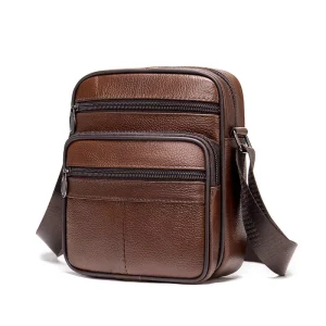OEM Custom Men’s Genuine Leather Crossbody Shoulder Bag Small Zipper Waterproof Wear-Resistant Solid Color Sling Bag