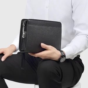 OEM Customized Men’s Leather Clutch Bag Business Wristlet with Lock Custom Logo Large Handbag for Men