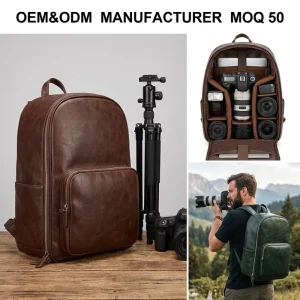 OEM ODM Custom PU Leather Structured Compartment Camera Backpack with Zipper Closure Padded Design Portable for Photography