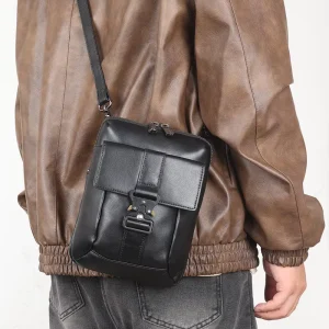 OEM ODM Full Grain Leather Messenger Single Shoulder Crossbody Bag For Men Real Cowhide Black Genuine Leather Sling Bag