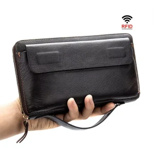 OEM ODM Genuine Leather Phone Bags Cowhide Rfid Purse Business Travel Clutch Bags for Men Top Grain Leather Anti Theft Wallet