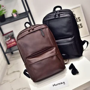 OMASKA Casual Men’s PU Leather Student Laptop Backpack Waterproof Zipper School Bag