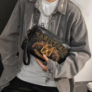Original Design Men’s Embroidery Pattern Clutch Korean Style Trendy Single-Shoulder Crossbody Bag Simple Lightweight Polyester