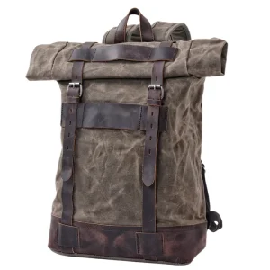 Outdoor Travel Backpack Men’s Casual Rucksack Large Capacity Waterproof Waxed Canvas Splicing Leather Hiking Bag