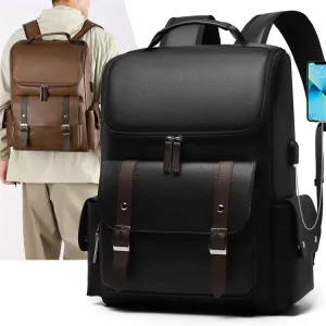 Outdoor Travel Black Laptop Pu Leather Man Backpack With Usb Port