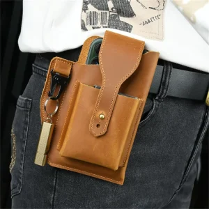 Outdoor Vintage Genuine Leather Men’s Portable Belt Waist Bag Mobile Phone Fanny Pack Cigarette Case Car Key Hanging