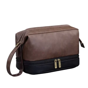 PU Double-layer Open Closure Men’s Toiletry Bag, 24x15x14cm, Large Capacity Cosmetic Storage