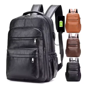 PU Leather Bag With USB Charging Bag Expandable Large Capacity Laptop Backpack for Men Women