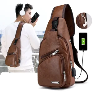 PU Leather Men’s Chest Bag with USB Charge Port Waterproof Vegan Outdoor Men’s Messenger Bag Sacoche Homme