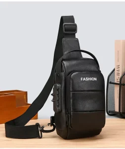 PU Leather Men’s Chest Bag with USB Port Waterproof Anti Theft Sling Backpack & Phone Case
