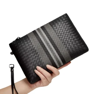 PU Leather Zipper Men’s Long Fashion Braided Clutch Wallet Handbag with Polyester Lining for Daily Commuting