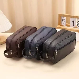 PU Men’s Simple Open Waterproof Wash Bag Storage Bag Cosmetic Bag Large Capacity Business Handbag Make up Bag for Men