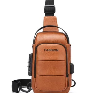 PU Men’s Single Shoulder Crossbody Bag Anti theft Password Lock Chest Bag Waterproof With USB Port I Motorcycle Bag