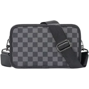PVC Men’s Single-Shoulder Messenger Bag Versatile Small Square Crossbody Checkered Pattern Letter Outdoor