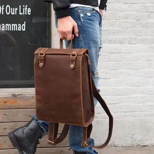 Personalized Genuine Leather Canvas Vintage Men’s Laptop Backpack with Zipper Closure and Polyester Lining