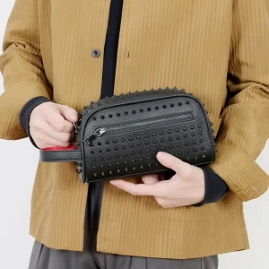 Personalized Rivet Men’s PU Handbag Zipper Large Waterproof Polyester Lining Simple Fashionable Versatile Contrasting Color
