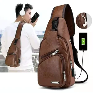 Phone Case Korean Fashion Single Shoulder Briefcase Sling Bag Men’s PU Leather Charging Chest Bag Outdoor