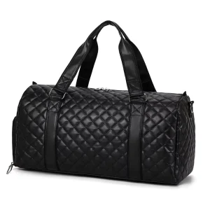 Plaid PU Leather Men’s Travel Bag Large Capacity Fitness Shoulder Bag Unisex Multifunctional Handbag with Shoe Compartment