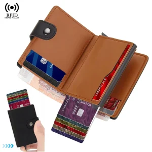 Pop up RFID Wallets Bifold Credit Card Holder Money Bags Metal Case Short Male Purse with Hasp Black Wallet for Man Carteras