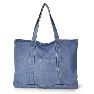Popular fashion men and women denim single shoulder canvas bags custom print logo college student tote bag with pocket