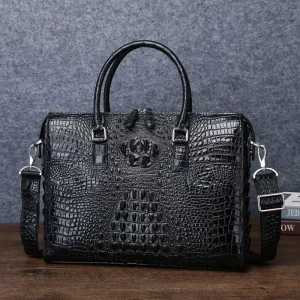 Premium Cowhide Leather Men’s Briefcase Embossed Crocodile Bone Business Bag Multi Functional Document Laptop Crossbody Bag