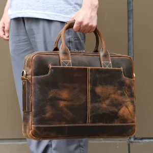 Premium Crazy Horse Leather Men’s Briefcase Genuine Leather Vintage Handbag Casual Business 15.6 Inch Laptop Bag String