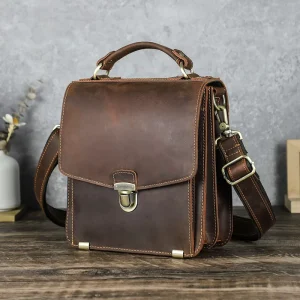 Premium Genuine Crazy Horse Leather Men’s Messenger Bag Multi Comp Flap Satchel W Protective Feet for Daily Commute & Leisure