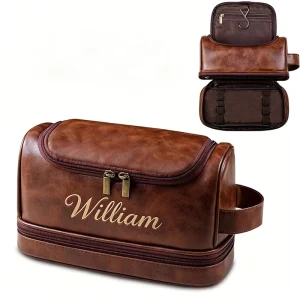 Premium Low MOQ Vintage Brown PU Leather Travel Dopp Kit Double Layer Toiletry Organizer Bag with Hook Men Hanging Toiletry Bag