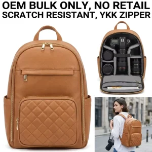 Professional Custom Photography Knapsack Durable Brown Microfiber Leather Quilted DSLR Lens Photo Backpack Camera Bag
