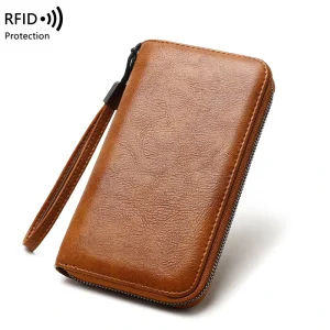 Pu Leather Wallet for Men RFID Protection Long Zipper Clutch Bag Functional Travel Purse Long Wallet for Men