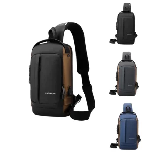 Quality Men’s Chest Bag Password Lock Single Shoulder Black Backpack with USB Charger Moto Anti Theft Crossbody Sling Bag