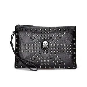 Quality PU Men’s Hand Bag with Skull Hardware Bolt Decoration Retro Portable Big Size Men’s Briefcase Pouch