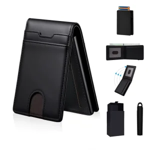 RFID Blocking Aluminum Pop up Wallet Factory OEM Smooth Microfiber Leather Business ID Credit Card Holder Slim Bifold Mens Purse