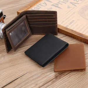 RFID Blocking Cowhide Wallet For Men Real Cow Crazy Horse Leather Bifold Wallet With 2 ID Window
