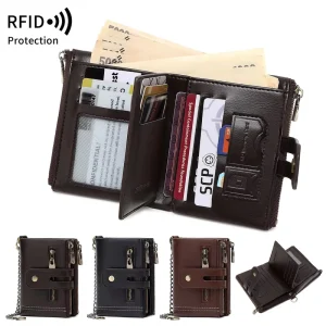 RFID Blocking Men’s Clutch Purse Retro Multi functional Soft Leather Zero Wallet Double Zipper Three Fold Short Wallet